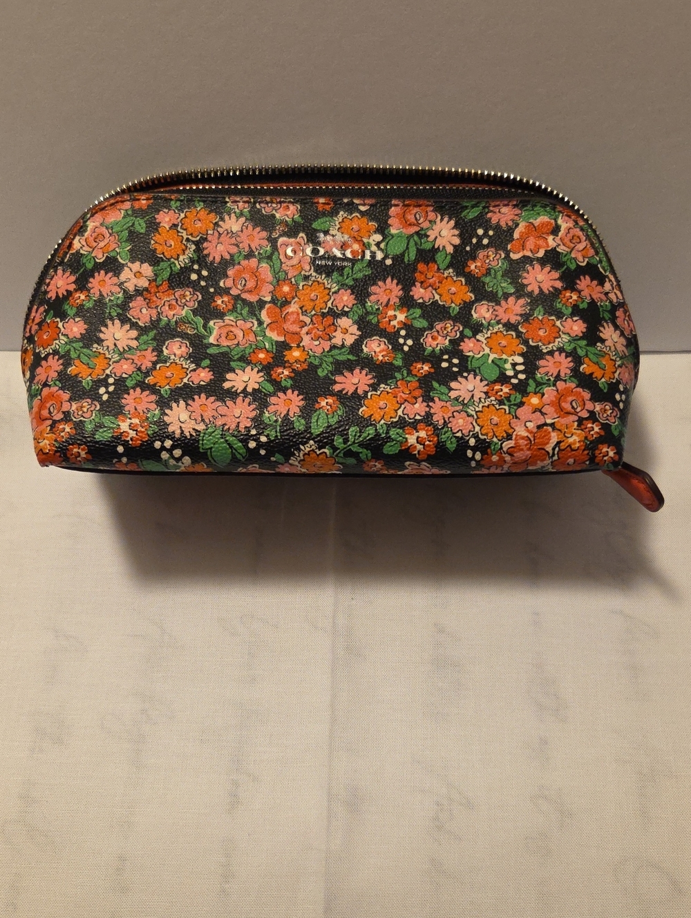 Coach Black Floral Zip Cosmetic Pouch with Pink & Orange Blooms